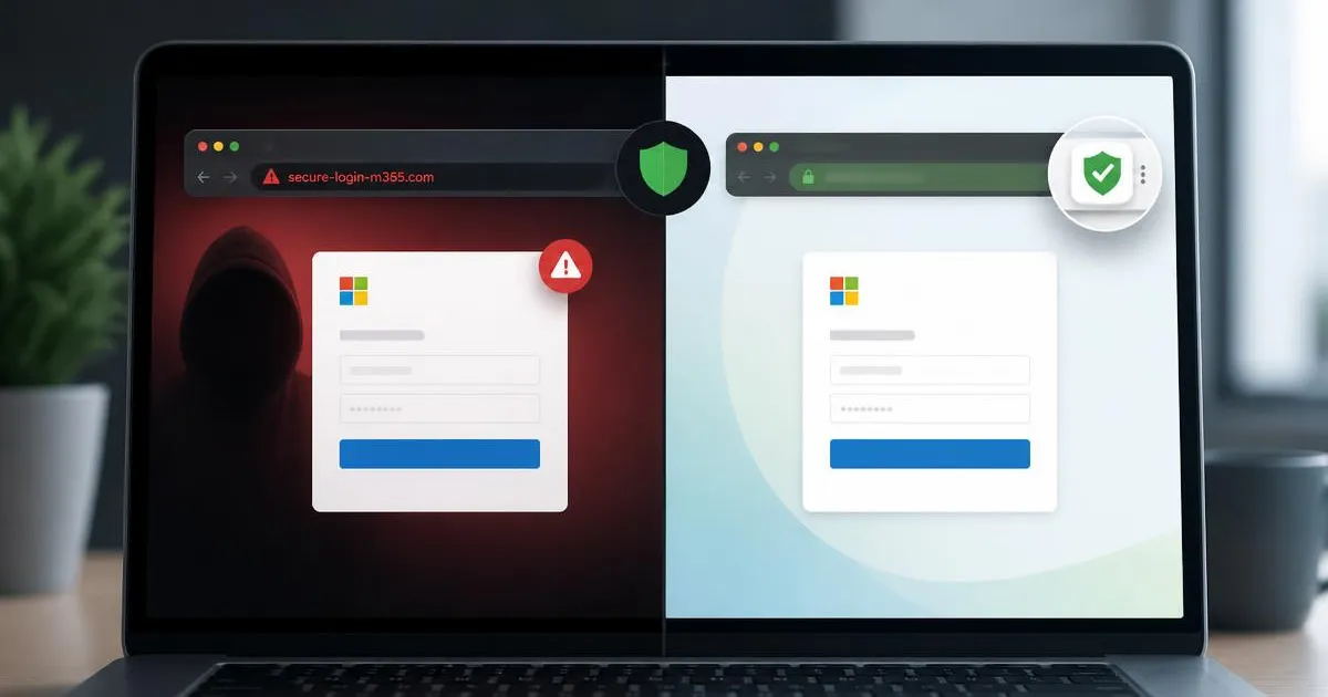 Delt skærm: til venstre en falsk Microsoft-login-side på et rødt, advarende domæne, til højre den ægte side med et grønt godkendelsesmærke i browserens hjørne.