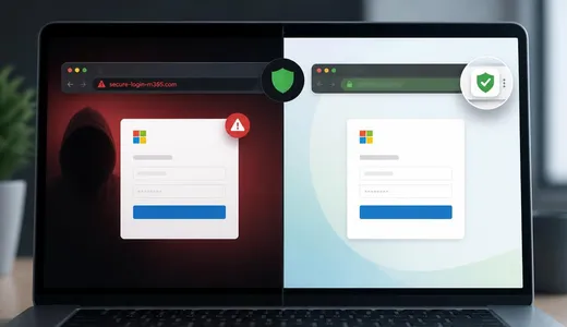 Delt skærm: til venstre en falsk Microsoft-login-side på et rødt, advarende domæne, til højre den ægte side med et grønt godkendelsesmærke i browserens hjørne.