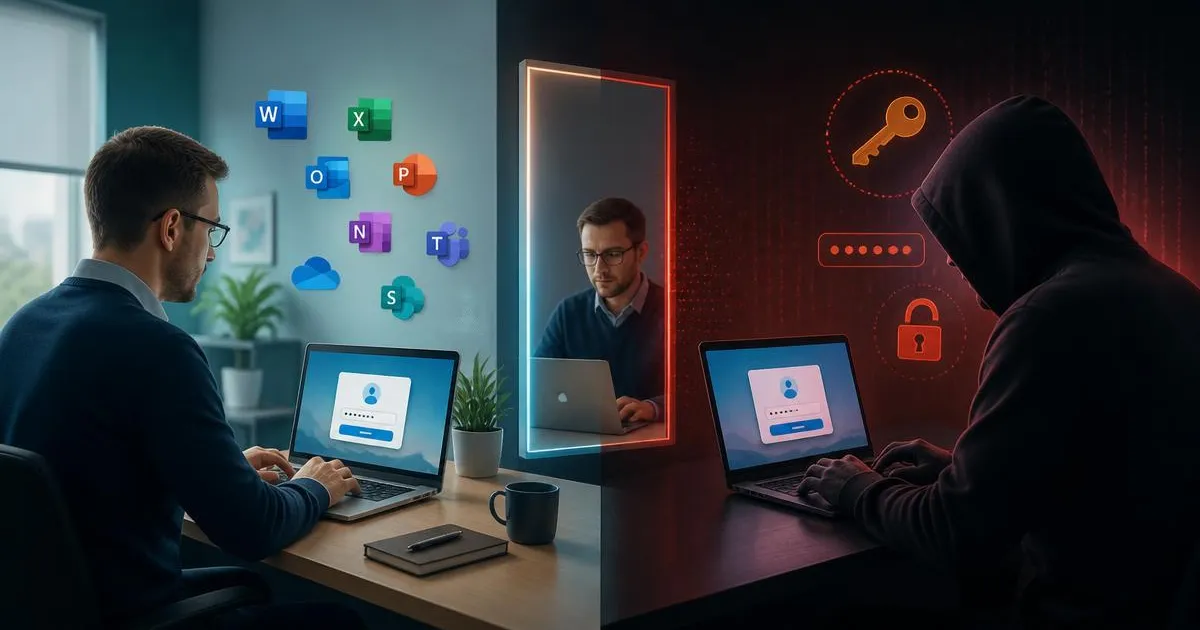 En medarbejder logger ind i Microsoft 365, mens en hættekledt person ved siden af logger ind på samme konto med den stjålne adgangskode.