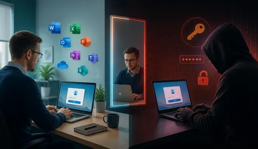 En medarbejder logger ind i Microsoft 365, mens en hættekledt person ved siden af logger ind på samme konto med den stjålne adgangskode.