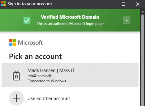 Mass IT Check viser et grønt felt øverst på Microsofts login-side med teksten “Verified Microsoft Domain – This is an authentic Microsoft login page”.